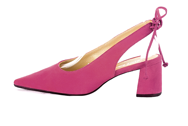 Fuschia pink women's slingback shoes. Pointed toe. Medium flare heels. Profile view - Florence KOOIJMAN